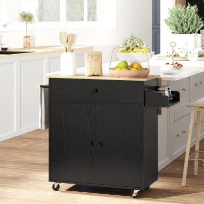 HOMCOM Isla de Cocina con Ala Abatible 2 Puertas Cajón Especiero Toallero y Estante Ajustable 106x42x87 cm Negro y Roble