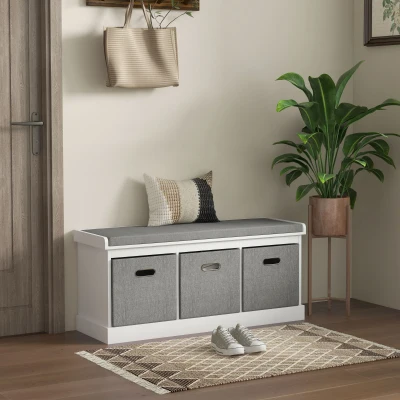 HOMCOM Panca Scarpiera con 3 Cassetti in Legno e Tessuto Bianco