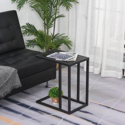 HOMCOM C Shape Bedside Table Metal Frame Marble-Effect Black