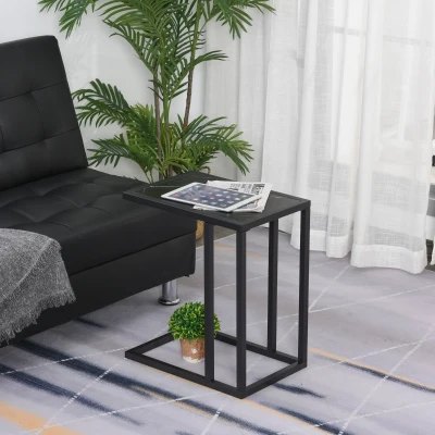 HOMCOM C Shape Bedside Table Metal Frame Marble-Effect Black