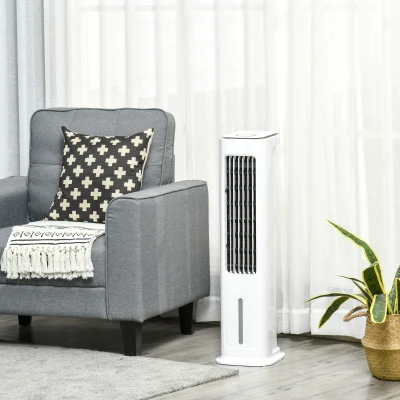 HOMCOM Climatizador Evaporativo Bajo Consumo 75W Altura 86 cm Oscilante con Control Remoto Depósito 5L 3 Modos 3 Velocidades Temporizador 12h y Pantalla LED Táctil 23x29x86 cm Blanco
