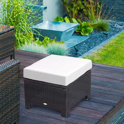 Outsunny Rattan Footstool Ottoman with Cushion 50x50cm Black
