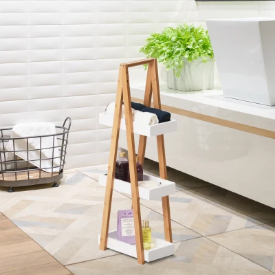 kleankin Estantería de Baño de Bambú con 3 Estantes Estantería de Almacenaje Estantería de Madera en Forma de A 30x18x81 cm Natural y Blanco