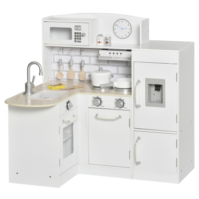 HOMCOM Cuisine Bois Jeu d'imitation - Cuisine Enfant 3+ Ans - Nombreux Accessoires & rangements Inclus - micro-ondes, hotte, évier avec robinet - MDF pin Blanc