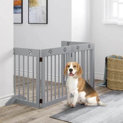 PawHut Barrera de Seguridad para Perros Plegable de 4 Paneles con Estructura de Madera y Patas de Apoyo 204x30x61 cm Gris Claro