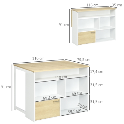 HOMCOM Isla de Cocina con Ala Abatible Mesa de Bar Alta con Múltiples Compartimentos 116x79,5x91 cm Blanco(m-3)