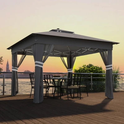 Outsunny Carpa Plegable 3x3 m con Doble Techo 4 Mosquiteras 20 Luces LED Solares Altura Ajustable Mando a Distancia Gris