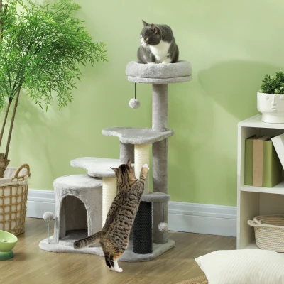 PawHut Albero per Gatti con Casetta e Lettino Grigio e Crema