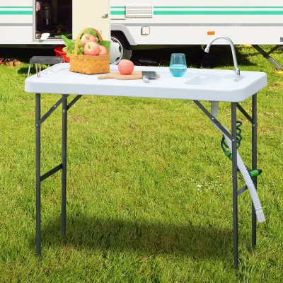 Outsunny Mesa Plegable de Picnic Multifuncional con Fregadero Grifo y Pistola de Riego Extensible para Balcón Jardín Camping Barbacoa Exterior Metal 114,5x59x94,5 cm Blanco