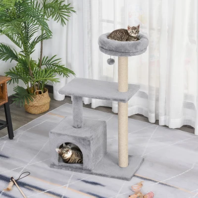 PawHut Cat Tree 96cm Condo Scratching Post Activity Centre Grey
