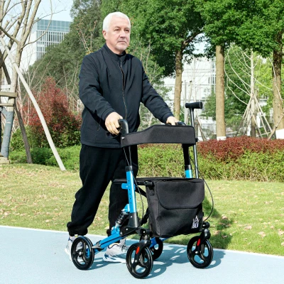 HOMCOM Andador para Ancianos Plegable de Aluminio con Asiento 4 Ruedas Altura Ajustable Frenos de Maneta Azul y Negro