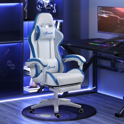 Vinsetto Gaming Chair PU Leather Swivel with Footrest White/Blue