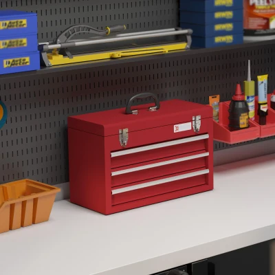 DURHAND Lockable Metal Tool Box 3 Drawer Red