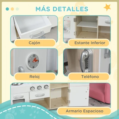 HOMCOM Cocina de Juguete de Madera con Fregadero Cocina de Inducción y Microondas Simulados con Accesorios Incluidos Cocina Infantil para +3 Años 74x30x81 cm Blanco(m-7)