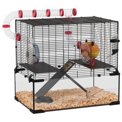 PawHut Gerbil Cage with Tunnels & Exercise Wheel 60x40x57cm