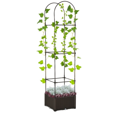 Outsunny Jardinière avec Treillis dim. 40L x 40l x 177H cm Insert d'irrigation Inclus PP Imitation rotin tressé Chocolat