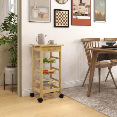 HOMCOM Carrello Cucina con Cassetto e 3 Cestini a Rete in Legno