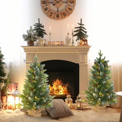 HOMCOM Set of Two 3ft Christmas Trees with Lights, Berries