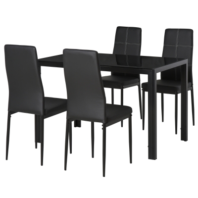 HOMCOM Conjunto de Comedor de Mesa y 4 Sillas 5 Piezas Mesa Rectangular de Vidrio Templado y Sillas Tapizadas en PU Negro