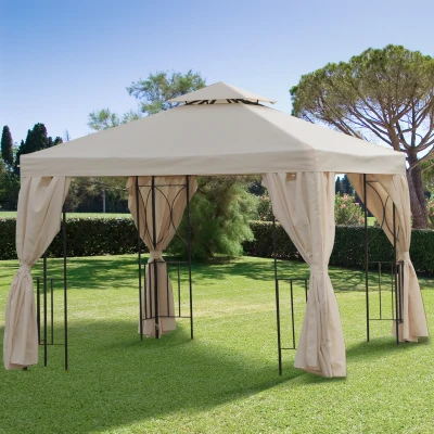 Outsunny Tonnelle Jardin 3x3 Double Toit Moustiquaires Beige Noir