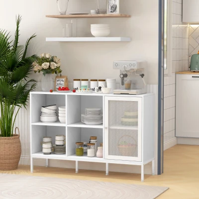 HOMCOM Buffet Blanc 4 Compartiments 1 Placard Étagère