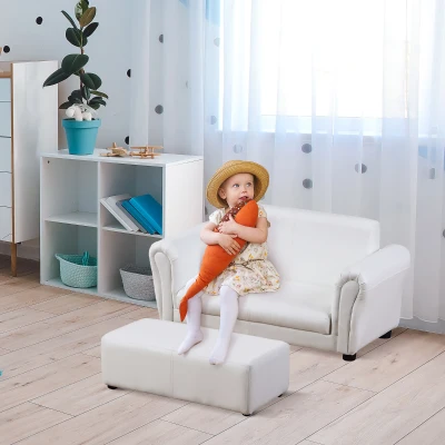 HOMCOM 2-Seater Toddler Chair White with Footstool