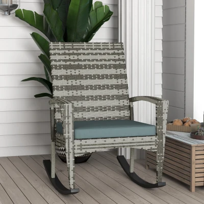 Outsunny Rattan Rocking Chair Set with Cushion Light Grey