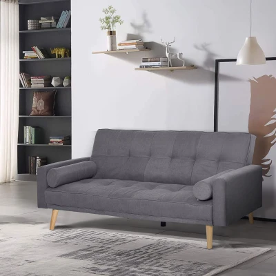 HOMCOM Canapé Convertible Lin Gris Pieds Bois Design Scandinave