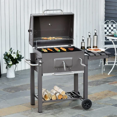 Outsunny BBQ Trolley Metal Smoker with Wheels & Thermometer, Charcoal