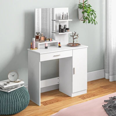 HOMCOM Tavolo per Trucco in Truciolato con Mobiletto, Cassetto, Ripiani Aperti e Specchio, 90x38x138 cm, Bianco