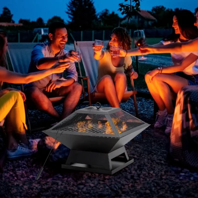 Outsunny Brasero Exterior de Acero Pozo de Fuego para Jardín Multifuncional con Protector de Chispas y Atizador 45x45x34cm Negro