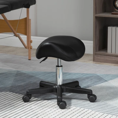 HOMCOM Saddle Stool PU Leather Adjustable Rolling Black