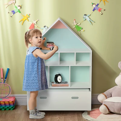 HOMCOM Estantería de Madera Infantil Forma de Casa Librería para Niños con 8 Compartimentos Abiertos y Cajón de 2 Colores 82x30x126 cm Blanco