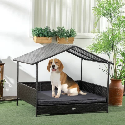 PawHut Casetta per Cani in Rattan e Acciaio Grigio Marrone