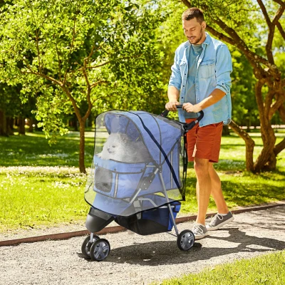 PawHut Folding Dog Stroller with Cover & Storage Blue