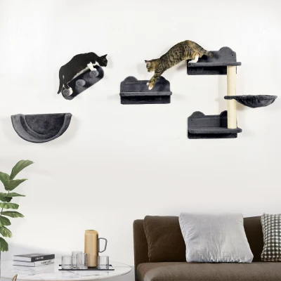 PawHut 4PC Wall-Mounted Cat Shelves Dark Grey