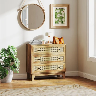 HOMCOM Commode 3 Tiroirs Rotin Bois Clair 80x35x76 cm