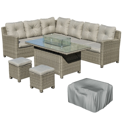 Outsunny 8-Seater Rattan Sofa Set with Fire Pit Table