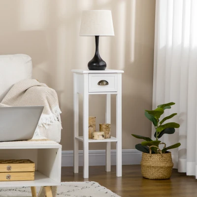 HOMCOM Mesa Auxiliar Mesita de Noche con Cajón y Estante de Almacenamiento Estilo Moderno para Salón Dormitorio 30x30x75 cm Blanco