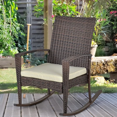 Outsunny Rattan Rocking Chair Set with Cushion Brown