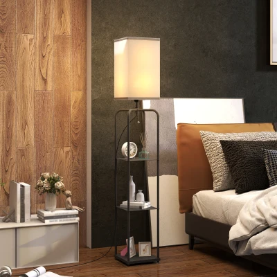 HOMCOM Lampadaire Salon avec Étagères et Abat-jour Tissu