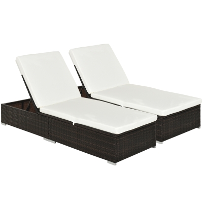 Outsunny Rattan Sun Lounger Set of 2 with Cushion, Brown