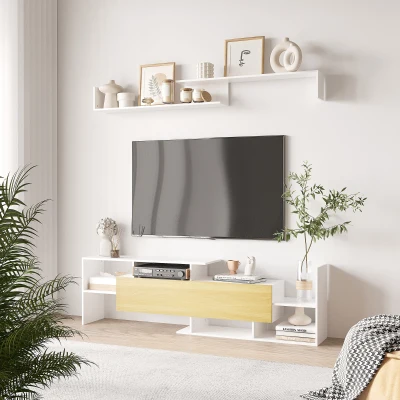 HOMCOM Mobile TV Moderno con Mensola e Armadietto Bianco e Legno