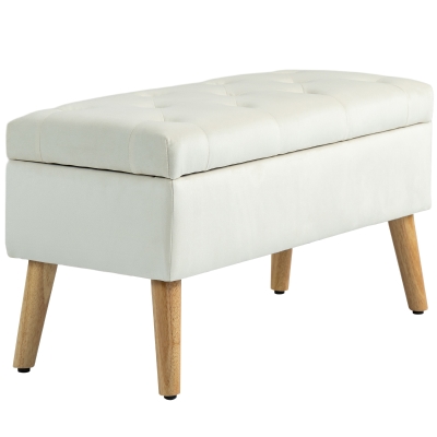 HOMCOM Banc Coffre Velours Pieds Bois 80x35x40cm Crème