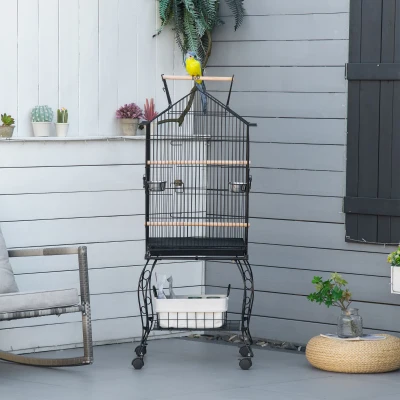 PawHut Jaula de Pájaros con Soporte Ruedas Bandeja Extraíble y Comederos para Canarios Periquitos 50x58x137-145 cm Negro