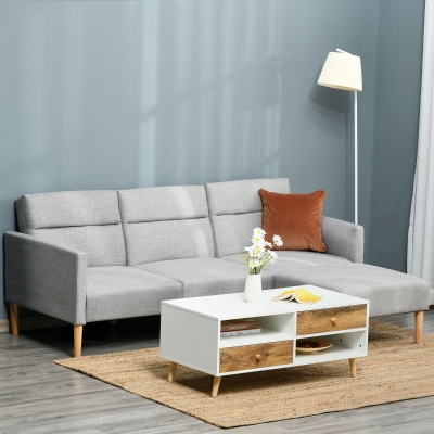 HOMCOM L Shape Sofa Bed Light Grey with Footstool