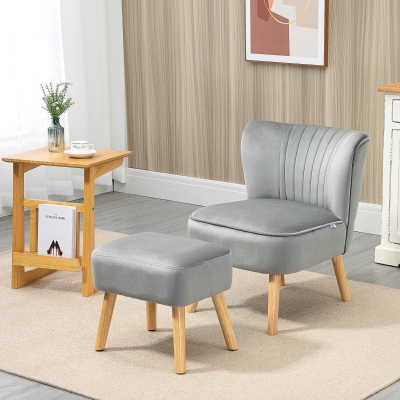 HOMCOM Velvet Accent Chair with Ottoman Light Grey
