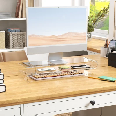 HOMCOM Supporto Monitor PC in Acrilico Trasparente con Scomparti