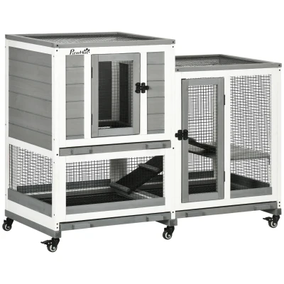 PawHut Clapier lapin intérieur cage lapin en bois design de luxe 3 niveaux avec 3 plateaux amovibles 110 x 50 x 86 cm gris