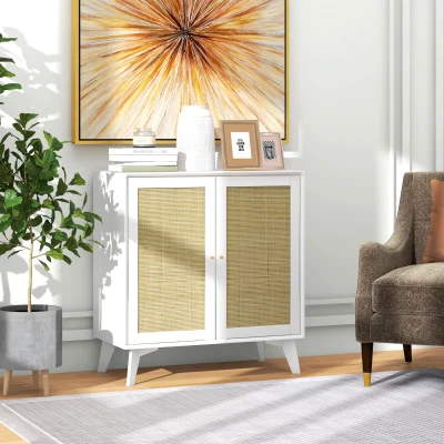 HOMCOM Buffet Bohème Rotin 2 Niveaux Blanc 80x40x85cm